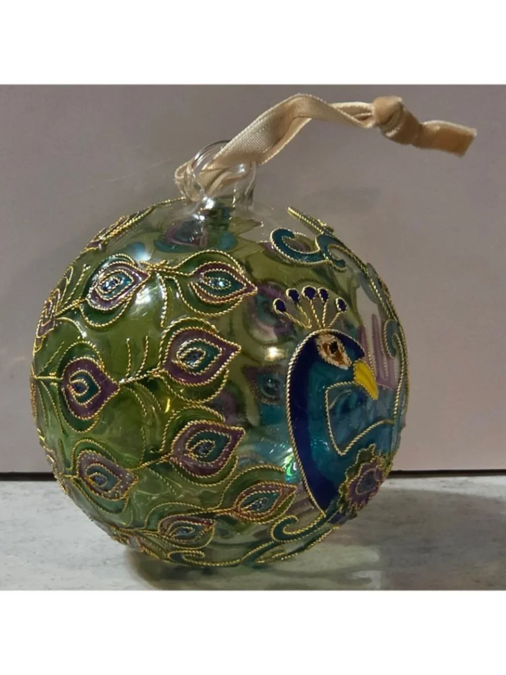 World Market Peacock Cloisonne Glass Christmas Ornament 3